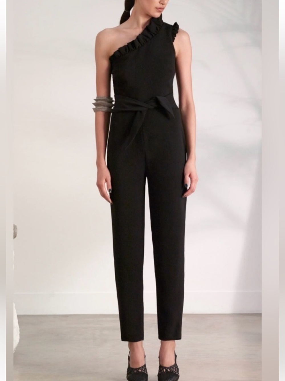 Saloni Black One Shoulder Ruffle Jumpsuit Tie Waist Cocktail Formal Evening 4